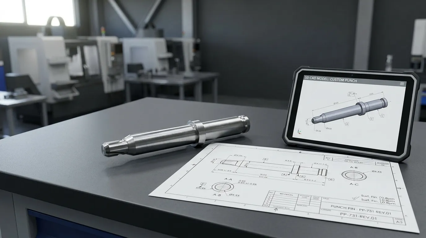 Pasador de perforación personalizado junto al dibujo técnico y modelo CAD que coinciden.